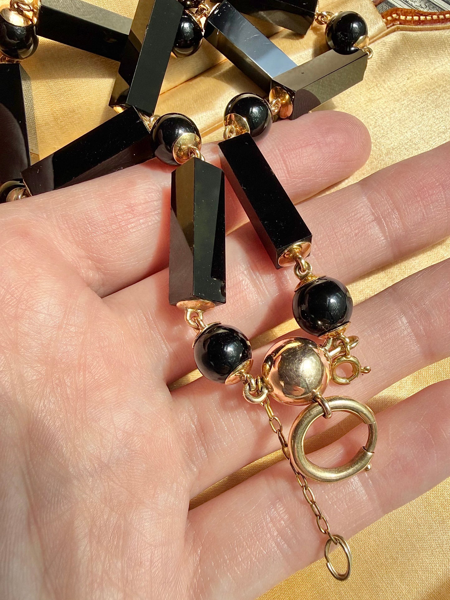 ANTIQUE • Victorian 14k Yellow Gold Onyx Mourning Necklace & Carved Locket Set w/ Pearls & Diamond