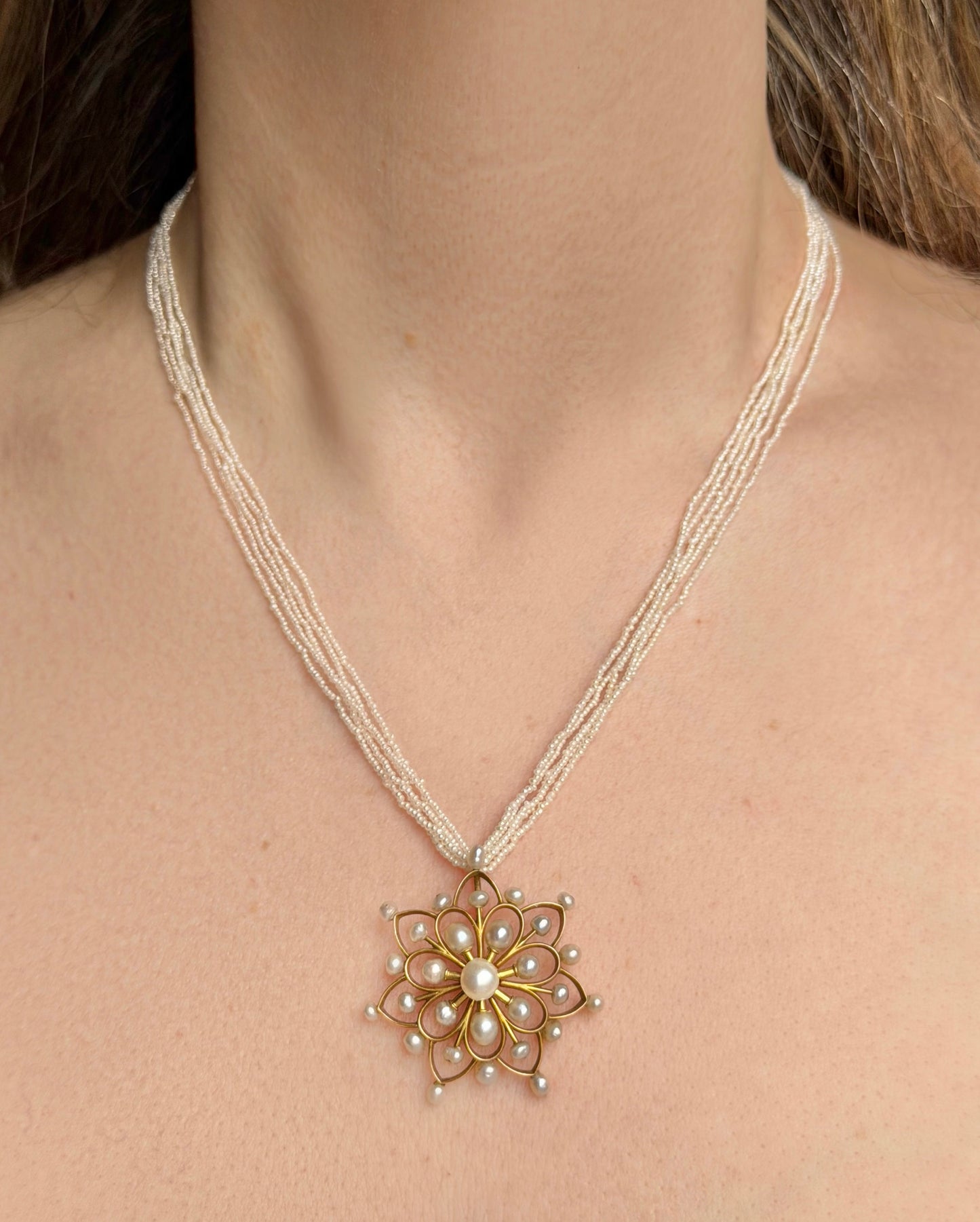 ANTIQUE • Art Nouveau 10k Rosy Yellow Gold 5-Strand Seed Pearl Necklace