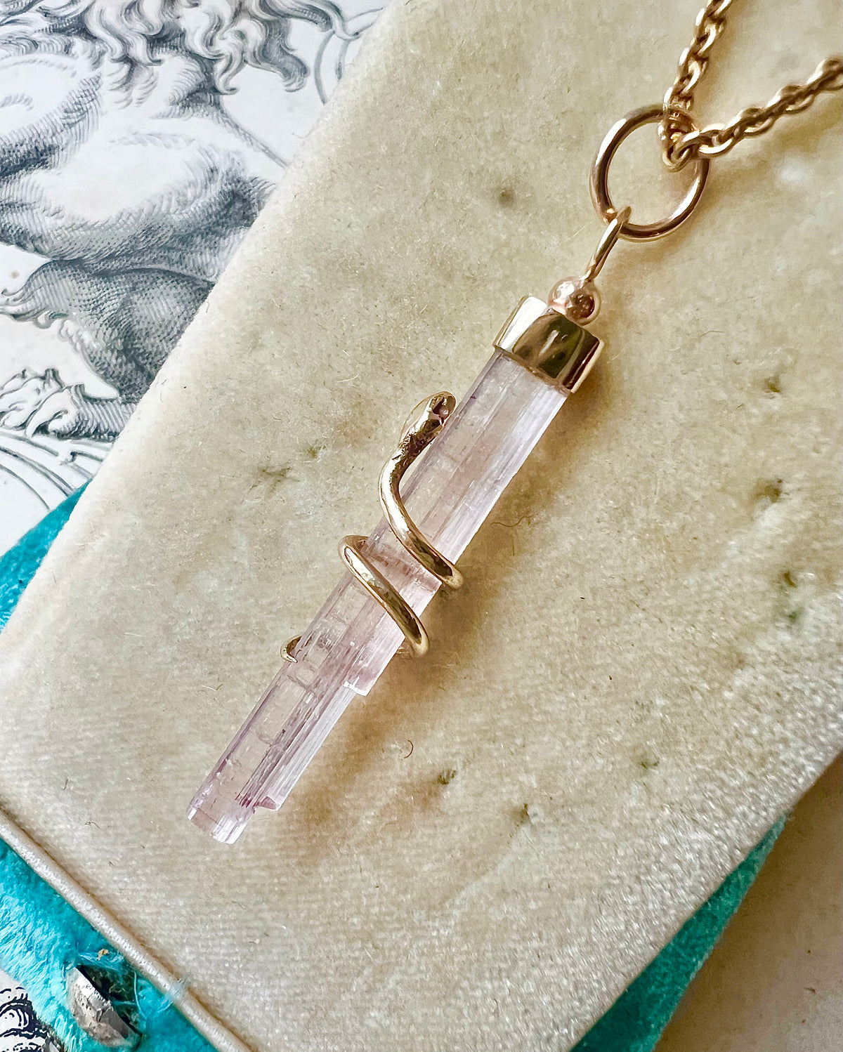 OJ ORIGINAL • 14k Yellow Gold Snake Wrapped Natural Pink Tourmaline Crystal Pendant