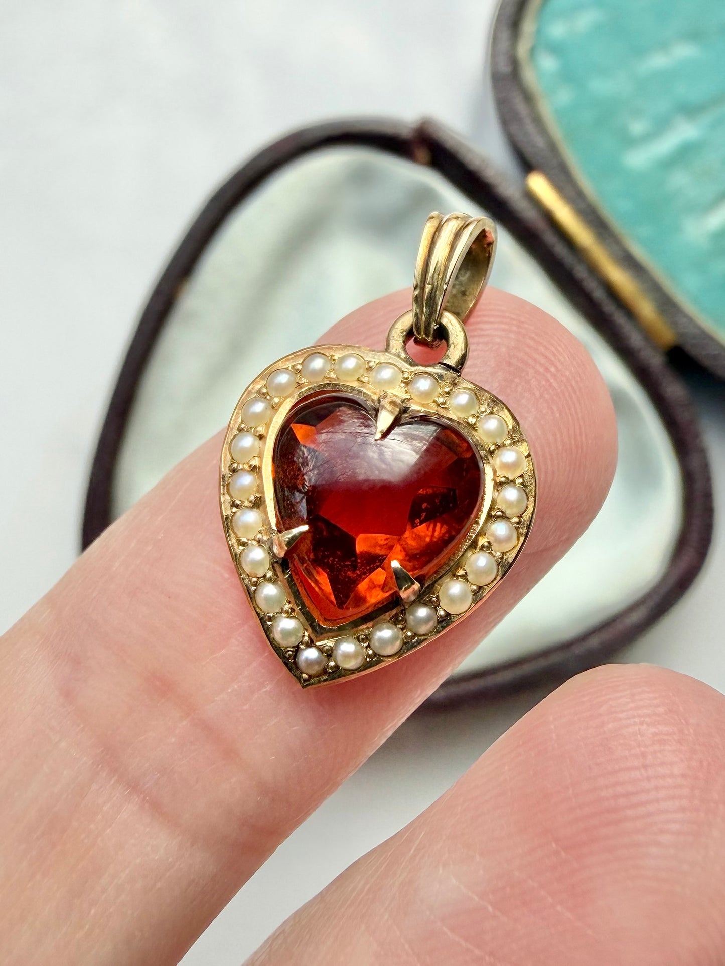ANTIQUE • Art Nouveau 14k Yellow Gold Madeira Citrine w/ Seed Pearls Heart Charm Pendant