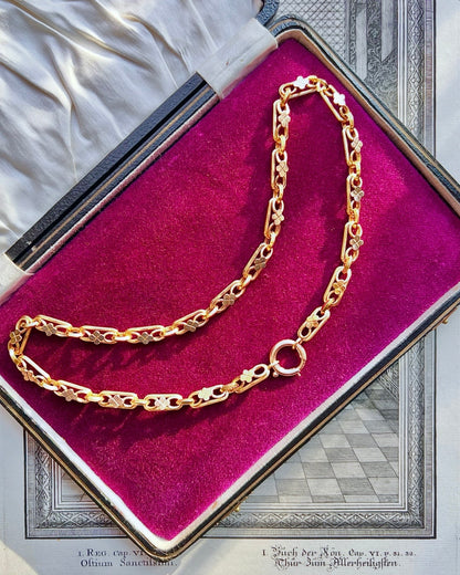 ANTIQUE • Victorian 14k Yellow Gold Ornate Book Chain Collar Necklace