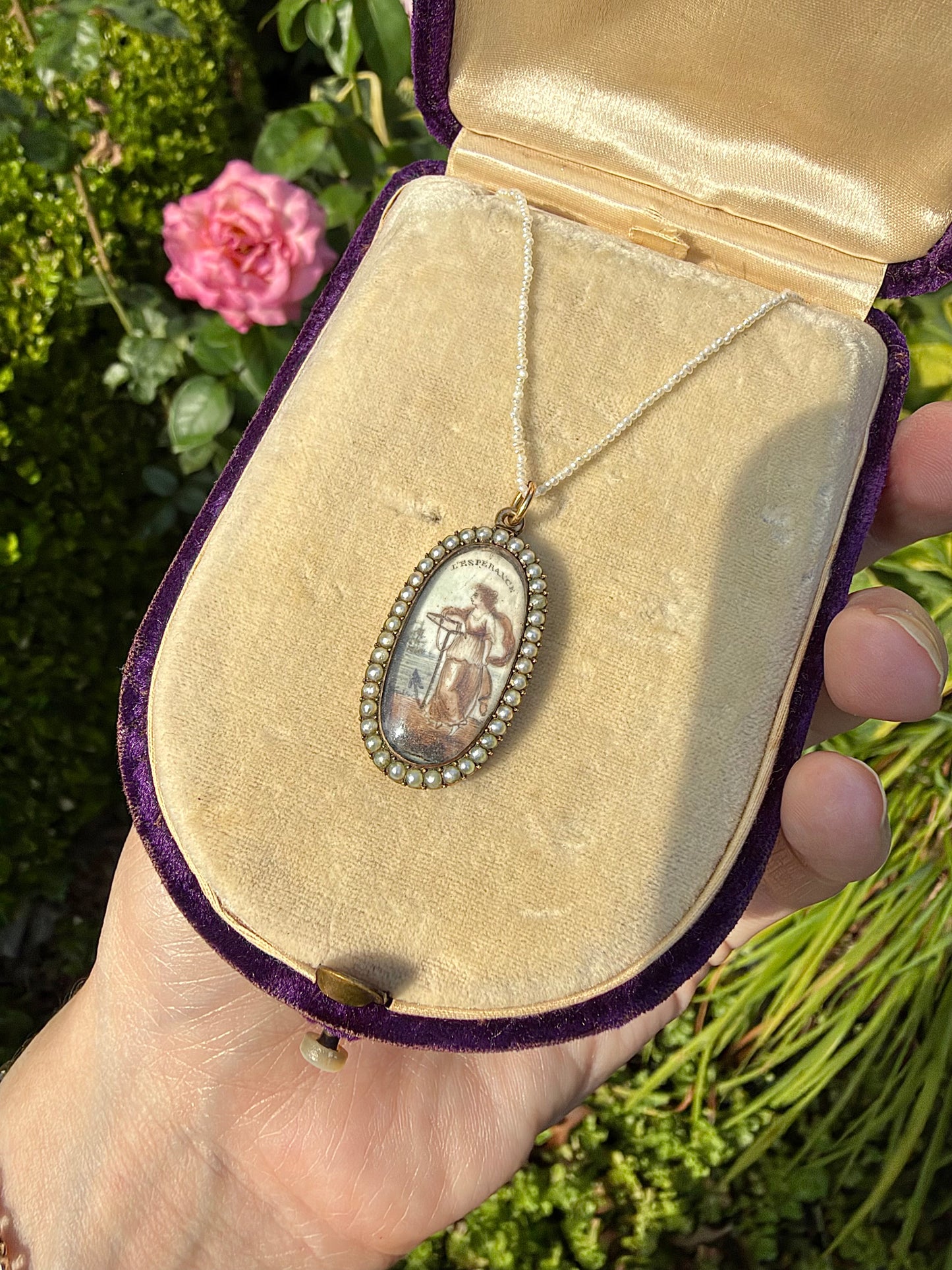 ANTIQUE • Georgian Rosy Gold Sepia & Watercolor Miniature Mourning Portrait Pendant c. 1780