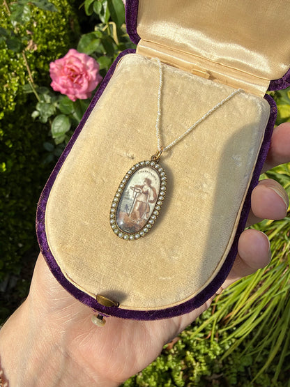 ANTIQUE • Georgian Rosy Gold Sepia & Watercolor Miniature Mourning Portrait Pendant c. 1780