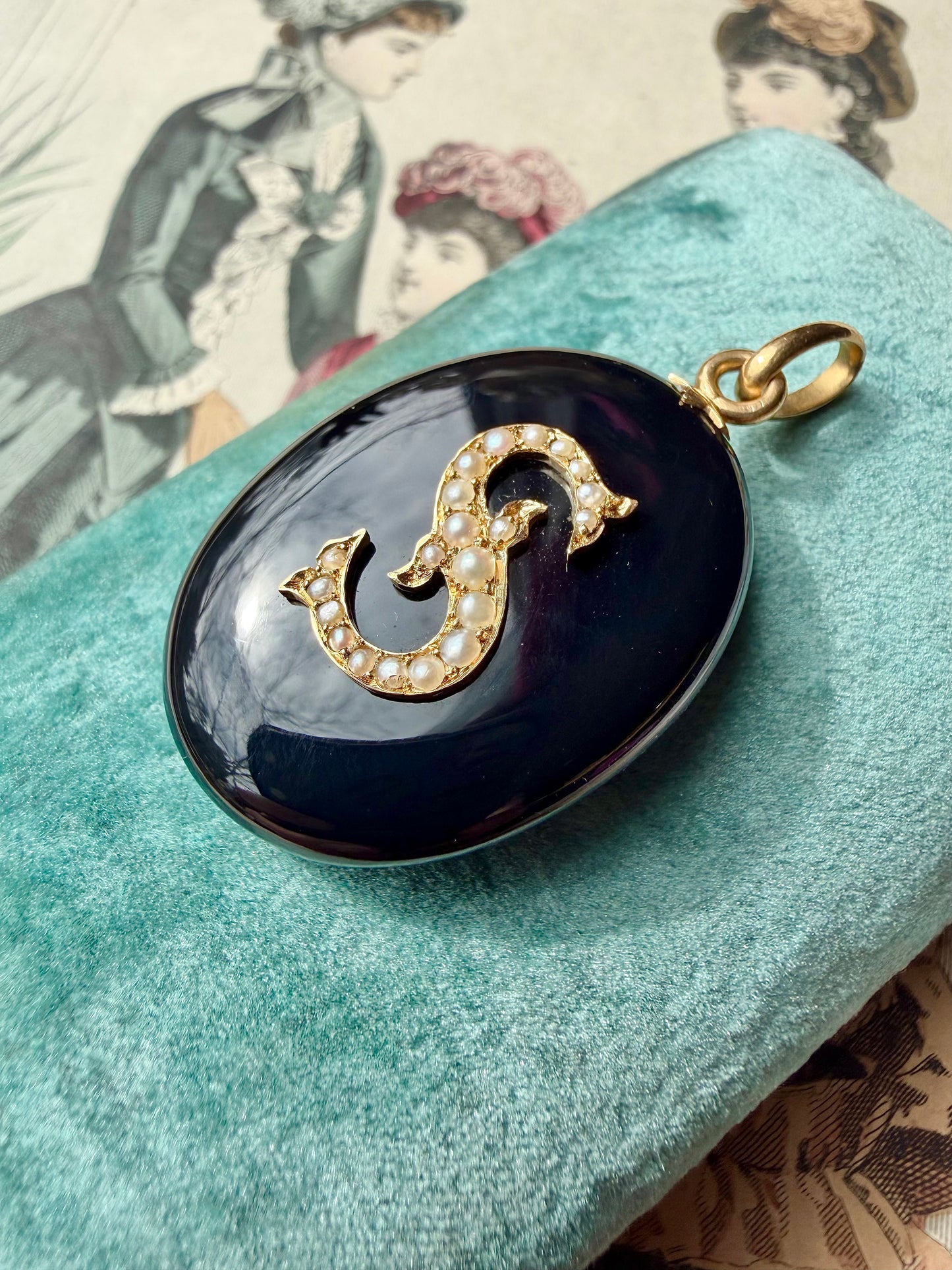 ANTIQUE • Victorian 14k Yellow Gold w/ Onyx & Seed Pearls “S” Initial Locket Pendant