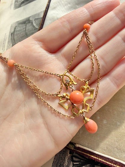 ANTIQUE • Art Nouveau 14k Yellow Gold w/ Natural Coral & Diamond Festoon Necklace