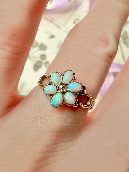 ANTIQUE • Art Nouveau 14k Yellow Gold w/ Australian Opal & Rose Cut Diamond Flower Ring