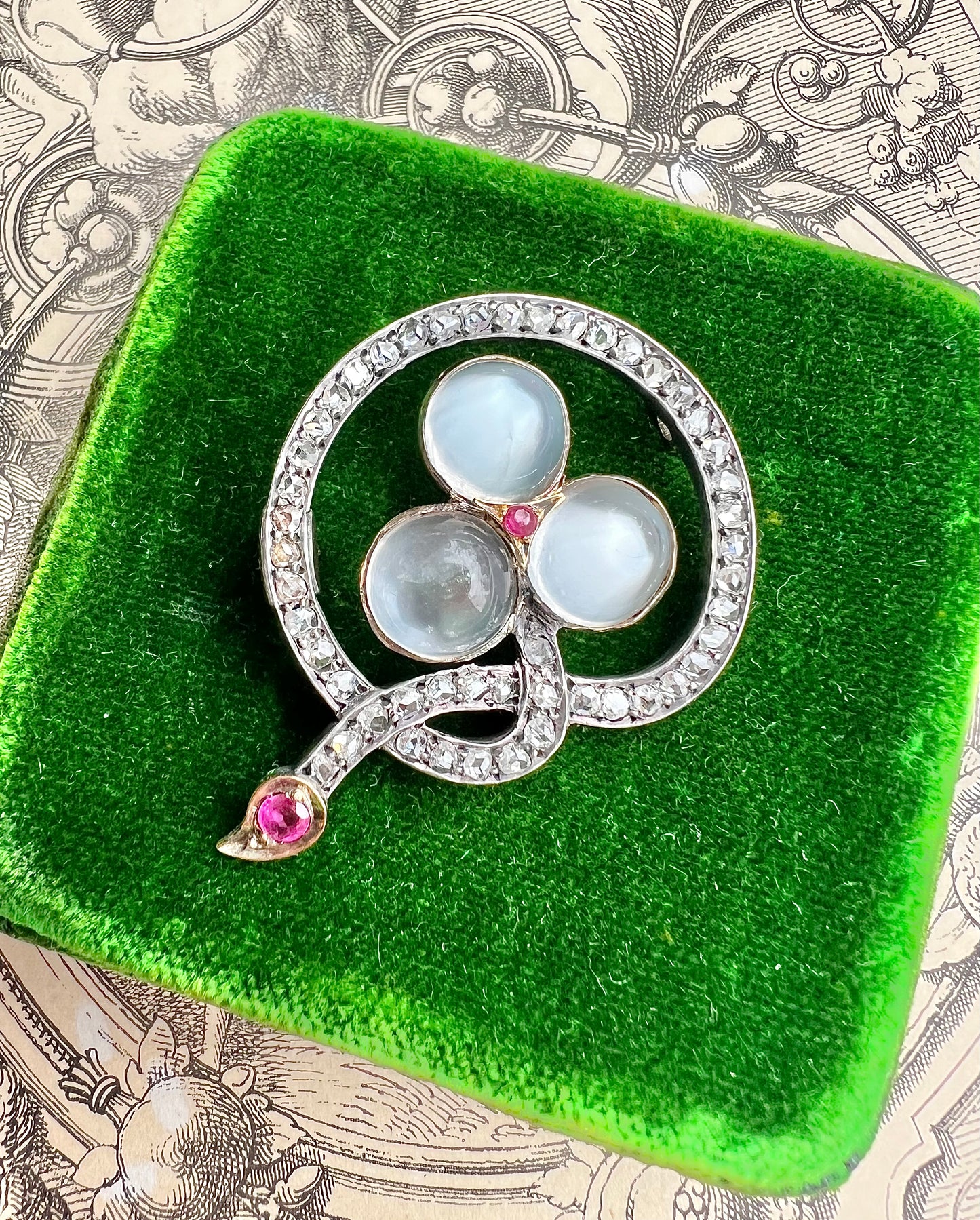 ANTIQUE • Victorian French 18k Rosy Gold Trefoil Brooch w/ Moonstones, Rose Cut Diamonds & Rubies