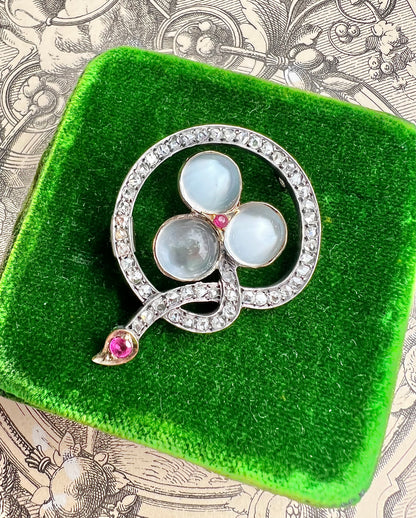 ANTIQUE • Victorian French 18k Rosy Gold Trefoil Brooch w/ Moonstones, Rose Cut Diamonds & Rubies
