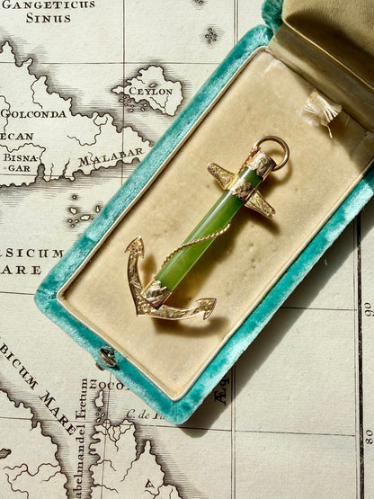 ANTIQUE • Victorian 9ct Yellow Gold Nephrite Jade Anchor Pendant & Brooch
