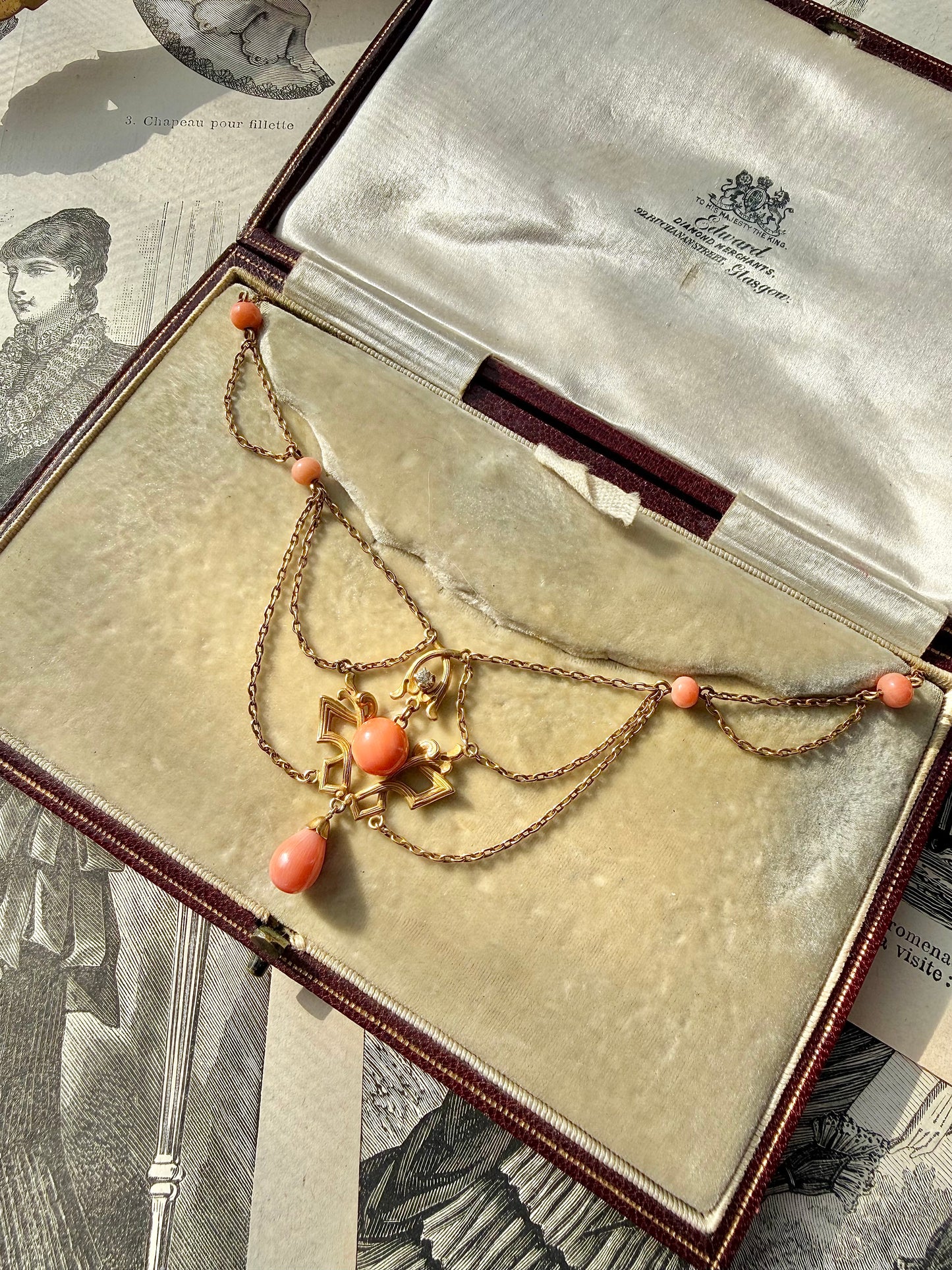 ANTIQUE • Art Nouveau 14k Yellow Gold w/ Natural Coral & Diamond Festoon Necklace