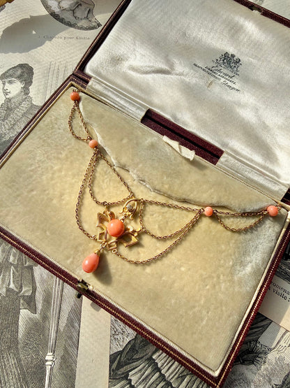 ANTIQUE • Art Nouveau 14k Yellow Gold w/ Natural Coral & Diamond Festoon Necklace