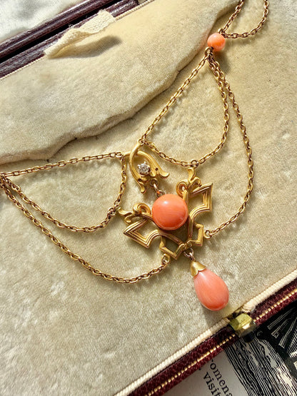 ANTIQUE • Art Nouveau 14k Yellow Gold w/ Natural Coral & Diamond Festoon Necklace