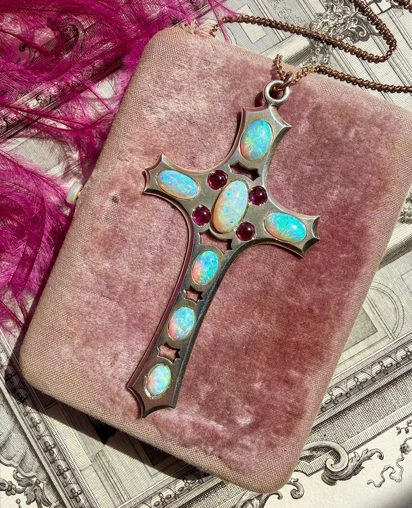 ANTIQUE • Art Nouveau Silver-Low Karat Gold w/ Australian Opal & Ruby Cross Pendant