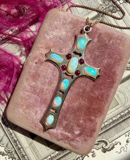 ANTIQUE • Art Nouveau Silver-Low Karat Gold w/ Australian Opal & Ruby Cross Pendant