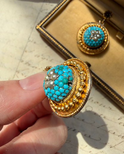 ANTIQUE • Victorian 14k Yellow Gold Celestial Earrings w/ Persian Turquoise, Sea Pearls & Rose Cut Diamonds