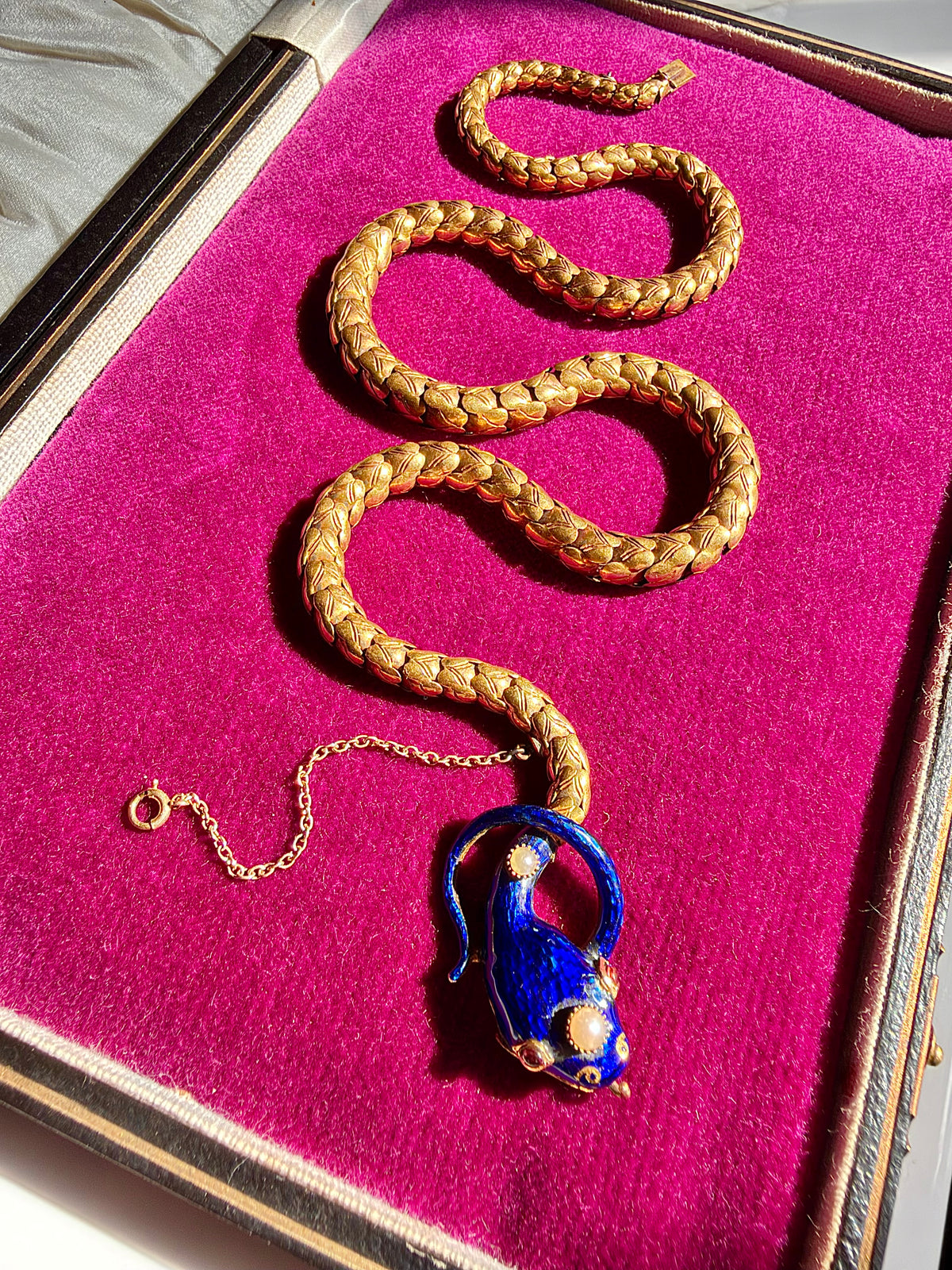 ANTIQUE • Victorian 20k Yellow Gold w/ Enamel Pearls & Ruby Snake Necklace
