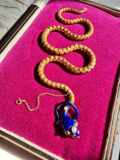ANTIQUE • Victorian 20k Yellow Gold w/ Enamel Pearls & Ruby Snake Necklace