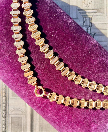 ANTIQUE • Victorian 9ct Yellow Gold Reversible Engraved Book Chain Collar Necklace