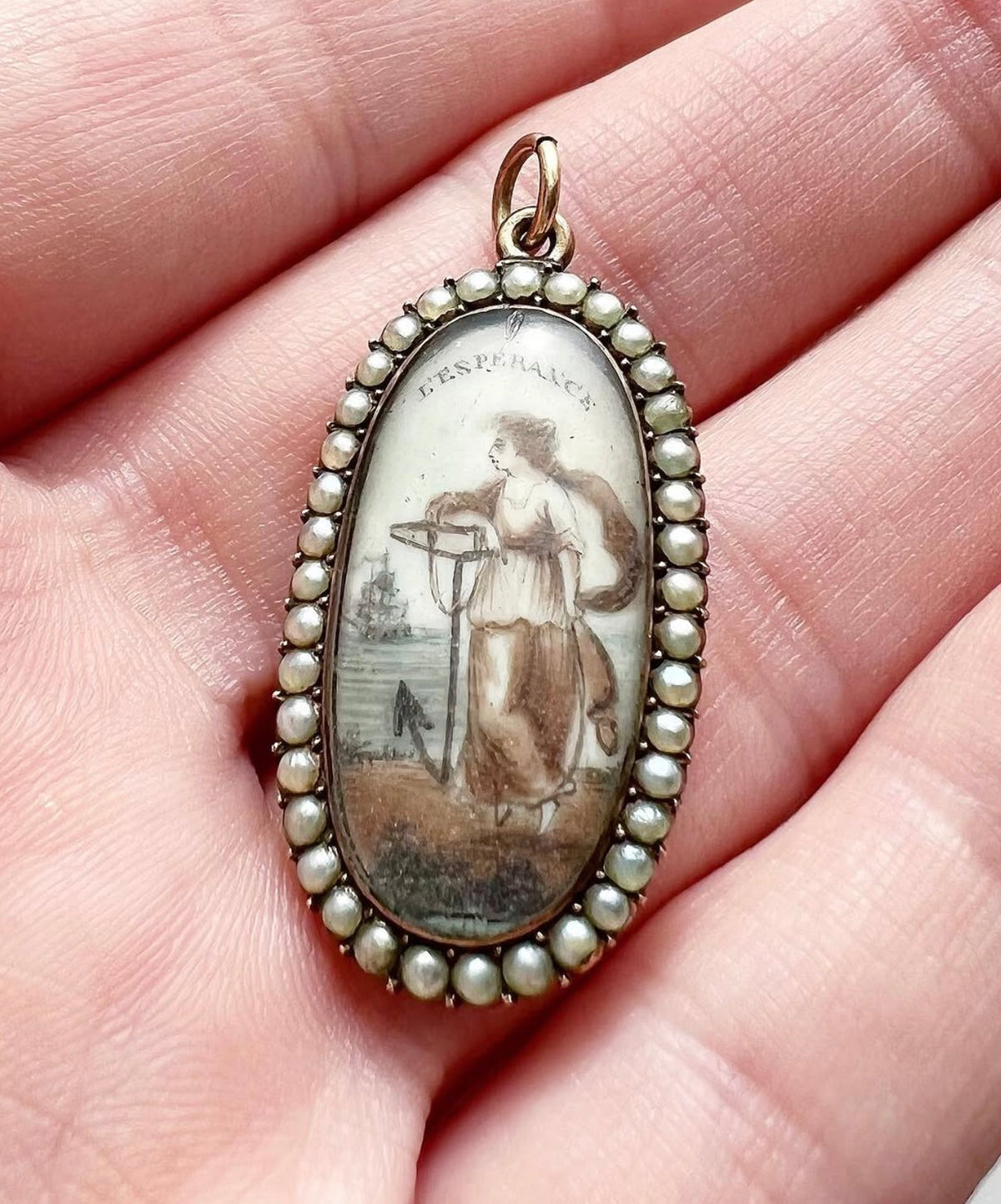 ANTIQUE • Georgian Rosy Gold Sepia & Watercolor Miniature Mourning Portrait Pendant c. 1780
