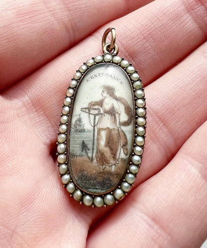 ANTIQUE • Georgian Rosy Gold Sepia & Watercolor Miniature Mourning Portrait Pendant c. 1780