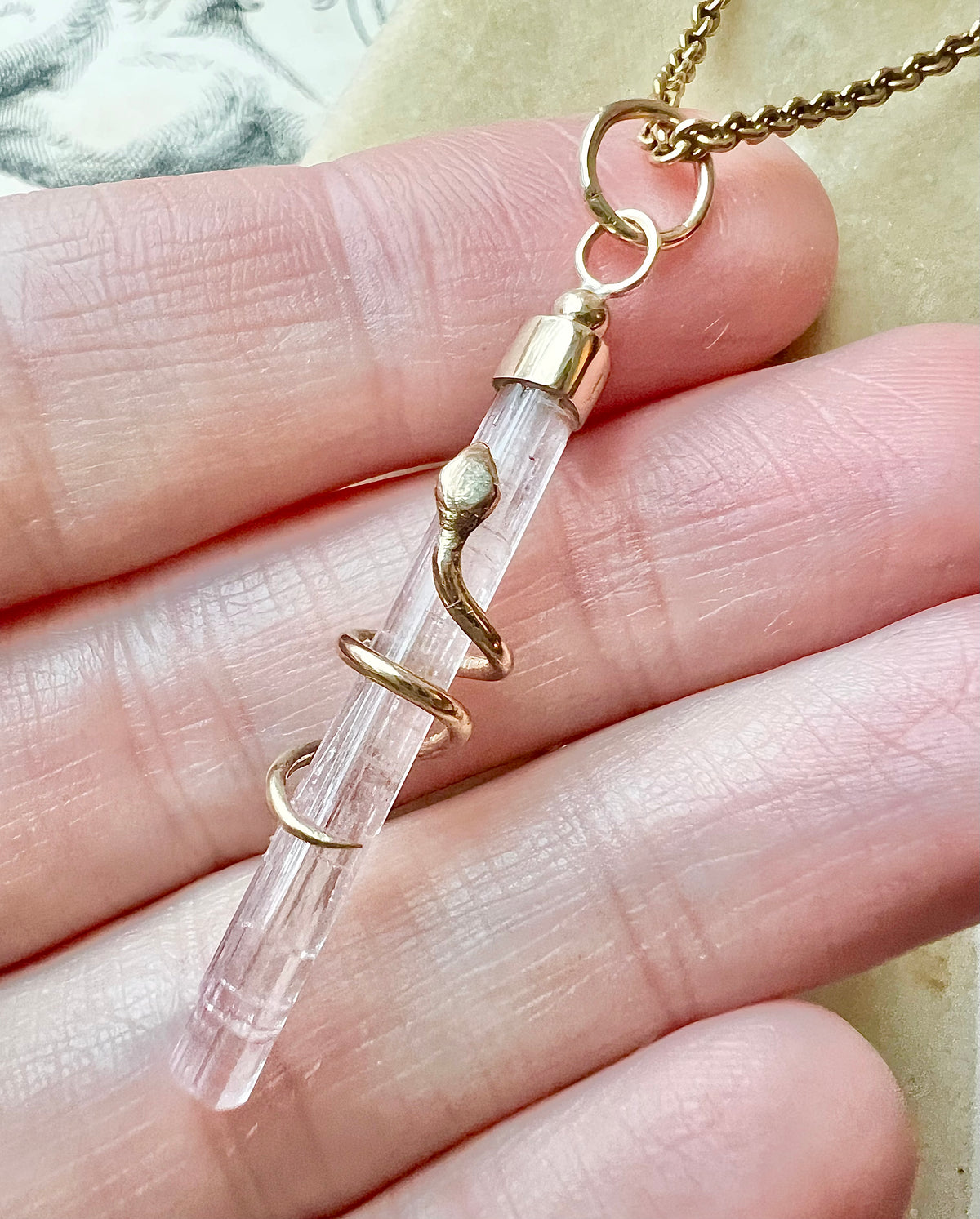 OJ ORIGINAL • 14k Yellow Gold Snake Wrapped Natural Pink Tourmaline Crystal Pendant