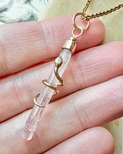 OJ ORIGINAL • 14k Yellow Gold Snake Wrapped Natural Pink Tourmaline Crystal Pendant