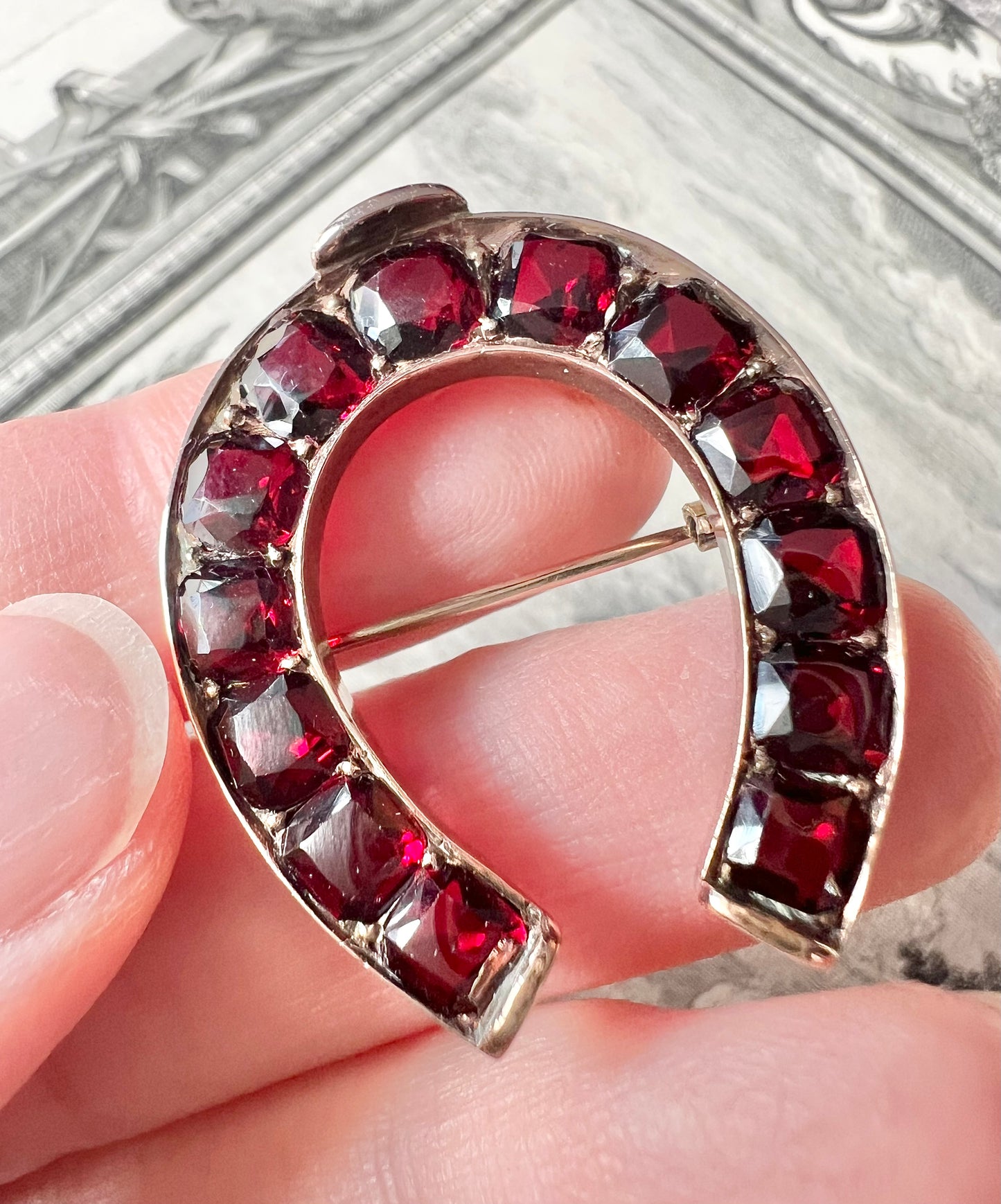 ANTIQUE • Victorian Low Karat Rosy Gold w/ Faceted Garnets Horseshoe Brooch