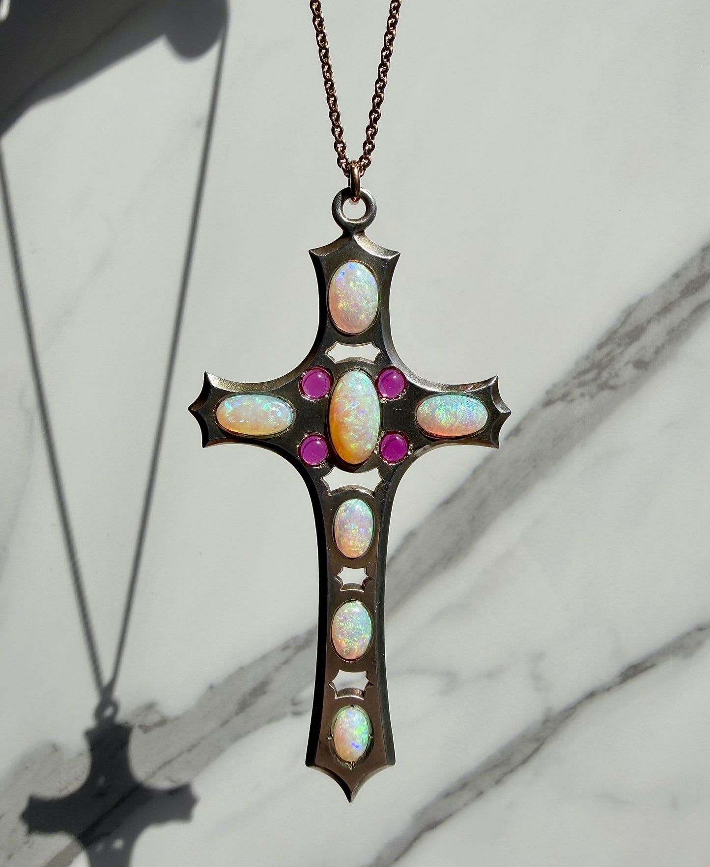ANTIQUE • Art Nouveau Silver-Low Karat Gold w/ Australian Opal & Ruby Cross Pendant