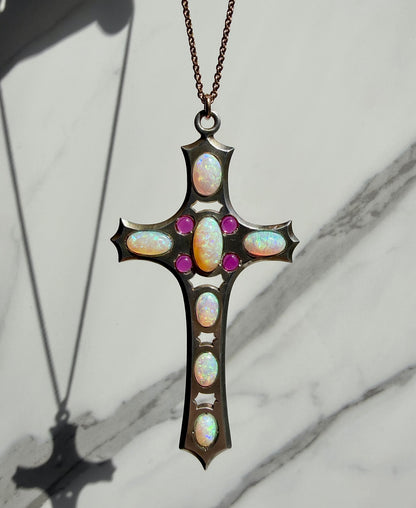 ANTIQUE • Art Nouveau Silver-Low Karat Gold w/ Australian Opal & Ruby Cross Pendant