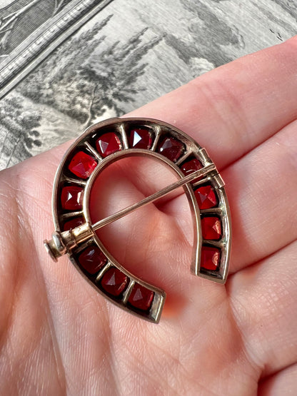 ANTIQUE • Victorian Low Karat Rosy Gold w/ Faceted Garnets Horseshoe Brooch