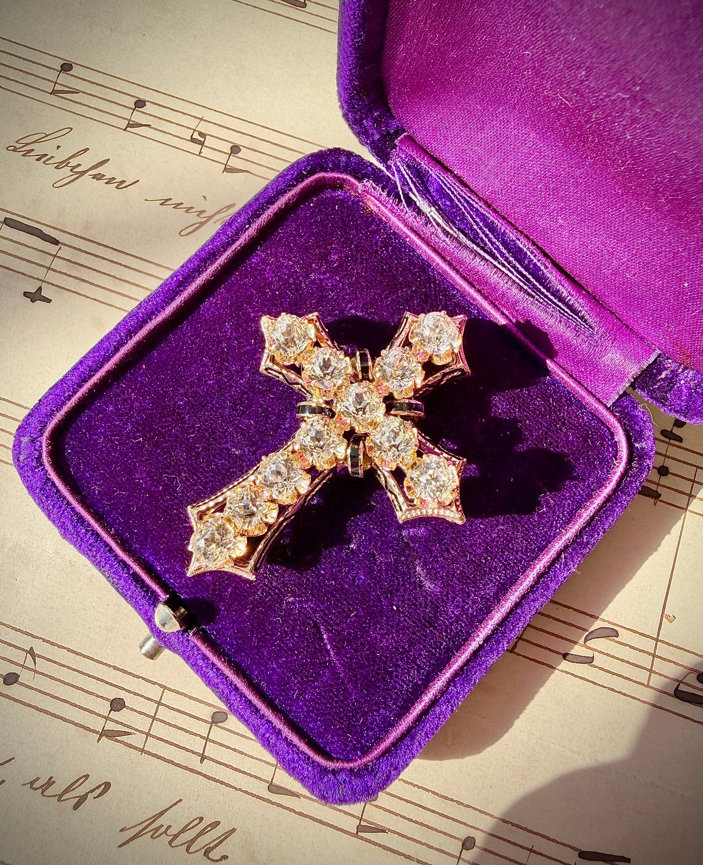 ANTIQUE • Victorian 10/14k Yellow Gold w/ Old Mine Cushion Cut Paste Diamonds & Enamel Cross Pendant Brooch