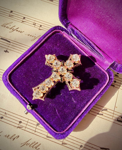 ANTIQUE • Victorian 10/14k Yellow Gold w/ Old Mine Cushion Cut Paste Diamonds & Enamel Cross Pendant Brooch