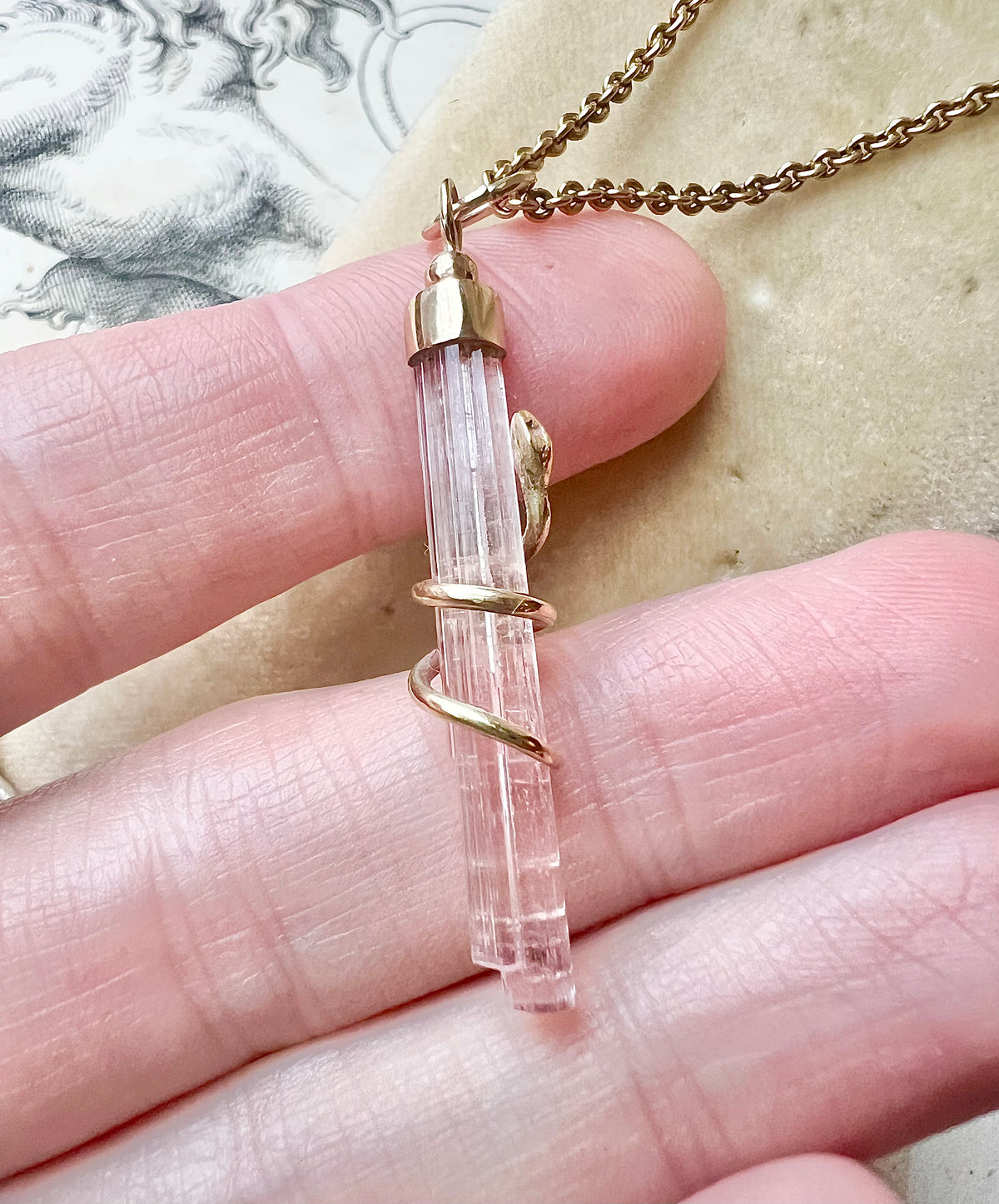 OJ ORIGINAL • 14k Yellow Gold Snake Wrapped Natural Pink Tourmaline Crystal Pendant