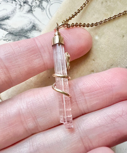 OJ ORIGINAL • 14k Yellow Gold Snake Wrapped Natural Pink Tourmaline Crystal Pendant