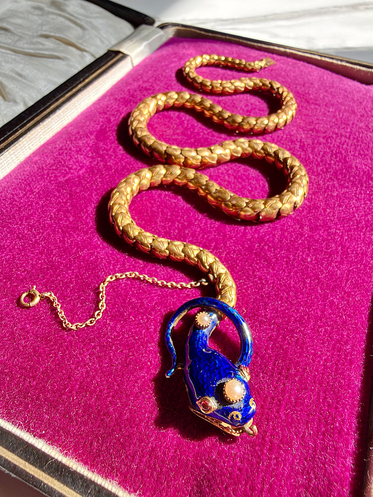 ANTIQUE • Victorian 20k Yellow Gold w/ Enamel Pearls & Ruby Snake Necklace