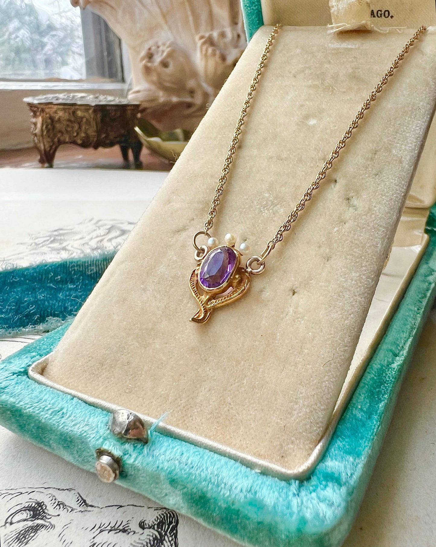ANTIQUE • Art Nouveau 14k Yellow Gold Faceted Amethyst w/ Seed Pearl Crown Charm Necklace