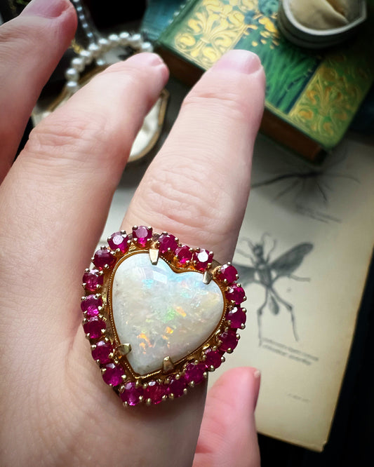 ANTIQUE • Victorian 14k Yellow Gold Australian Opal Heart & Ruby Halo Ring Sz. 6.5