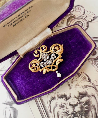 ANTIQUE • Art Nouveau French 18k Yellow Gold & Platinum w/ Diamonds Scroll Brooch Pendant