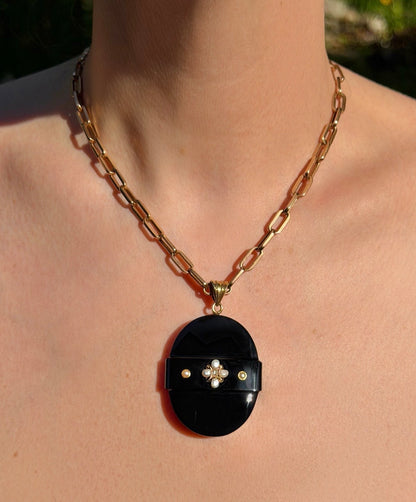 ANTIQUE • Victorian 14k Yellow Gold Onyx Mourning Necklace & Carved Locket Set w/ Pearls & Diamond