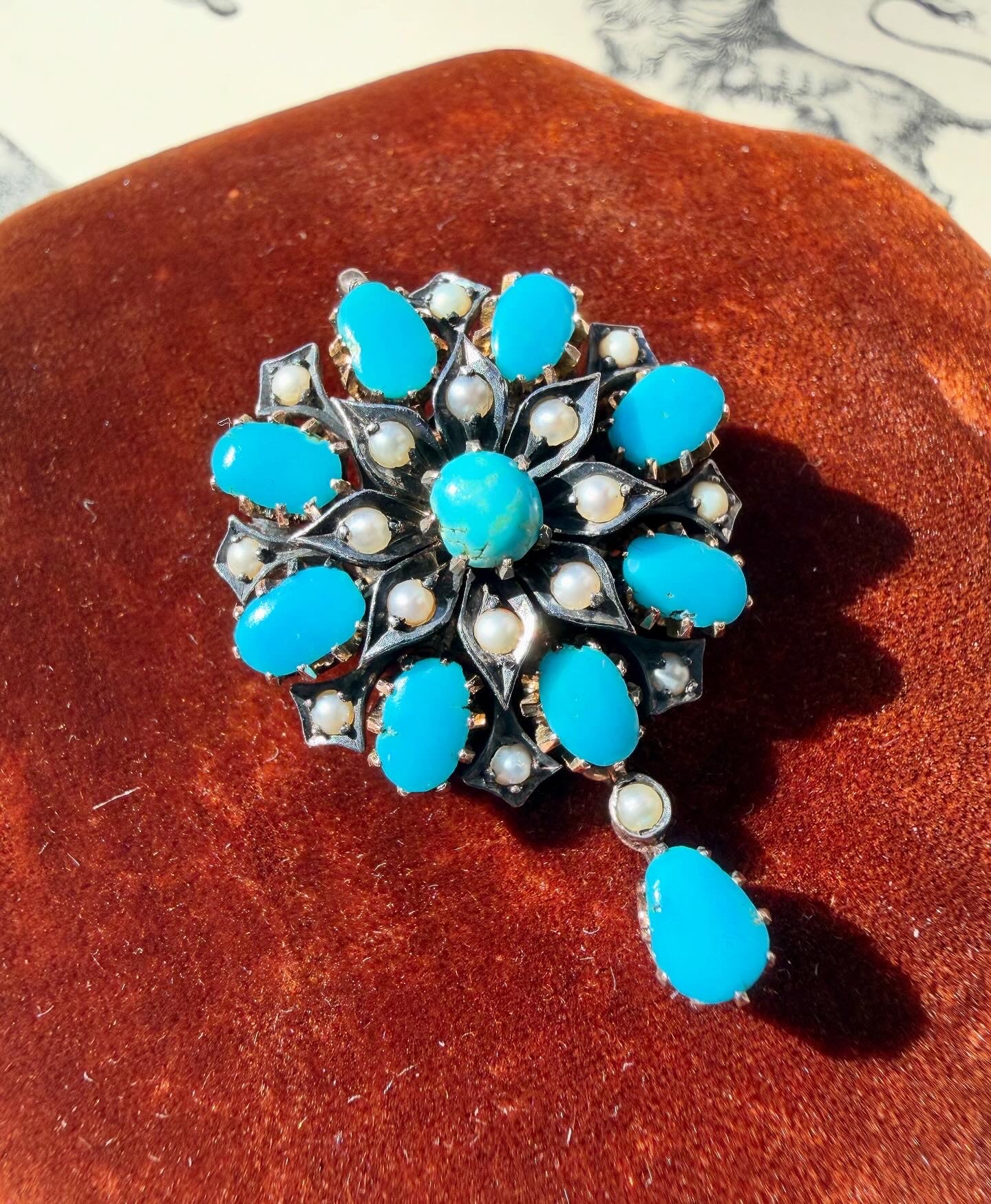 ANTIQUE • Victorian 10k Silver-Topped Yellow Gold w/ Persian Turquoise & Sea Pearl Flower Brooch Pendant