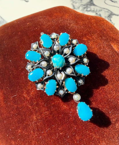 ANTIQUE • Victorian 10k Silver-Topped Yellow Gold w/ Persian Turquoise & Sea Pearl Flower Brooch Pendant