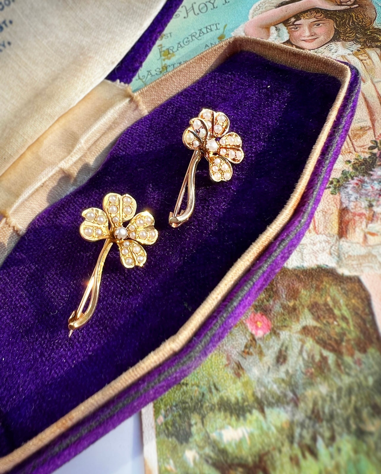 ANTIQUE • Art Nouveau 10k Yellow Gold w/ Seed Pearls Clover Lingerie Pin Set