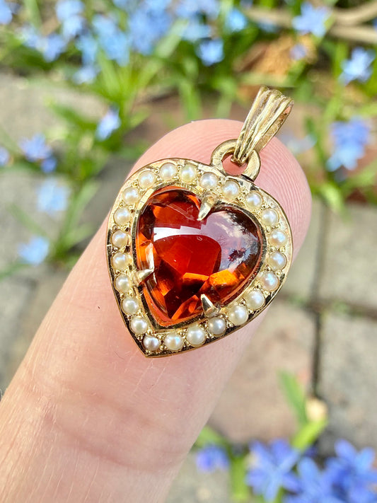 ANTIQUE • Art Nouveau 14k Yellow Gold Madeira Citrine w/ Seed Pearls Heart Charm Pendant
