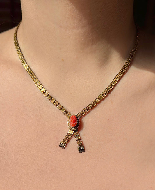 ANTIQUE • Victorian 9ct Yellow Gold w/ Coral Cameo Clasp Lariat Book Chain Necklace