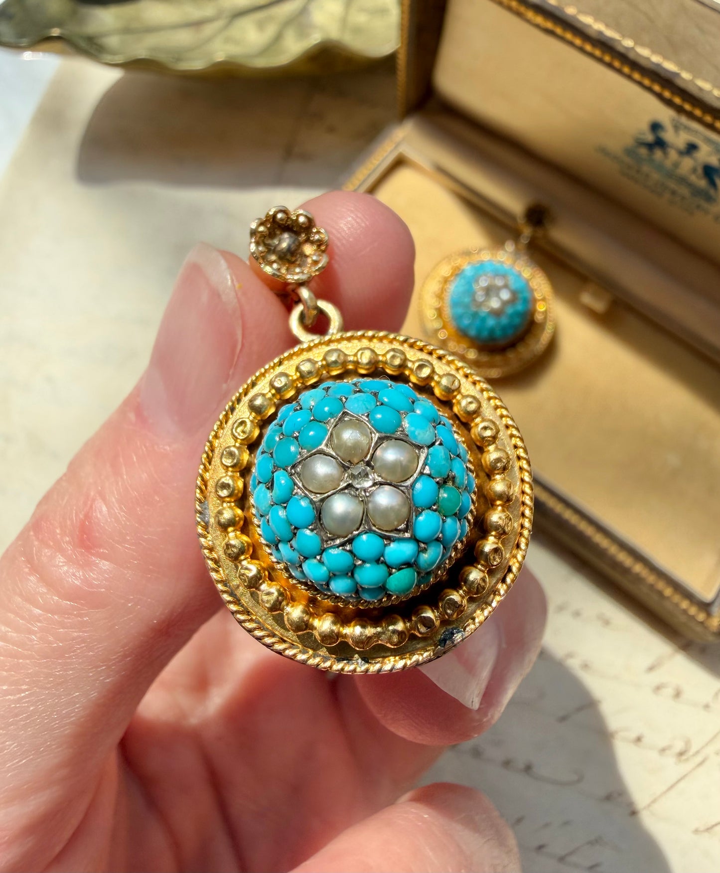 ANTIQUE • Victorian 14k Yellow Gold Celestial Earrings w/ Persian Turquoise, Sea Pearls & Rose Cut Diamonds