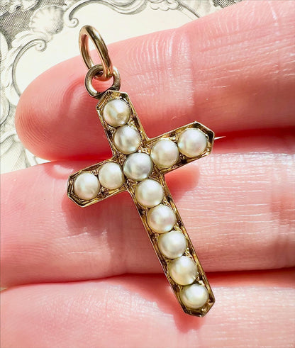 ANTIQUE • Victorian 9ct Yellow Gold w/ Saltwater Pearls Cross Pendant