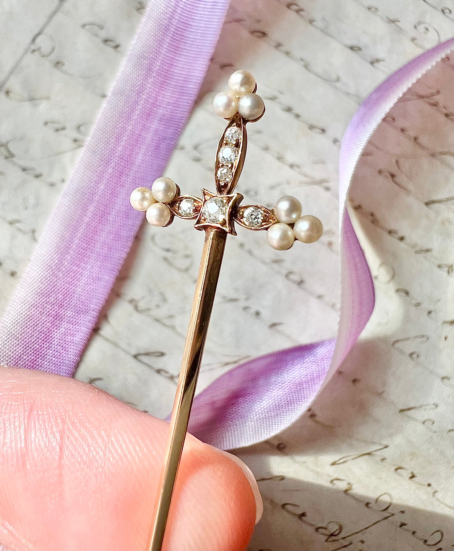 ANTIQUE • Victorian 14k Yellow Gold Sword Jabot w/ Old Mine Cut Diamonds & Saltwater Pearls