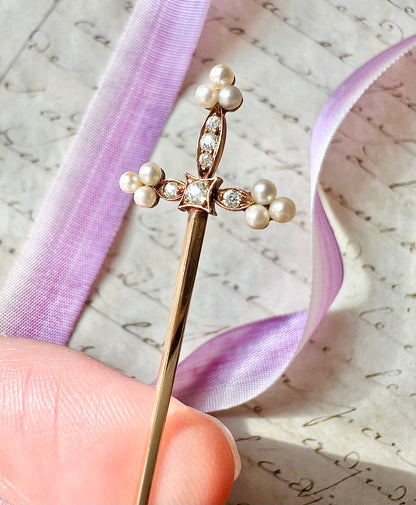 ANTIQUE • Victorian 14k Yellow Gold Sword Jabot w/ Old Mine Cut Diamonds & Saltwater Pearls