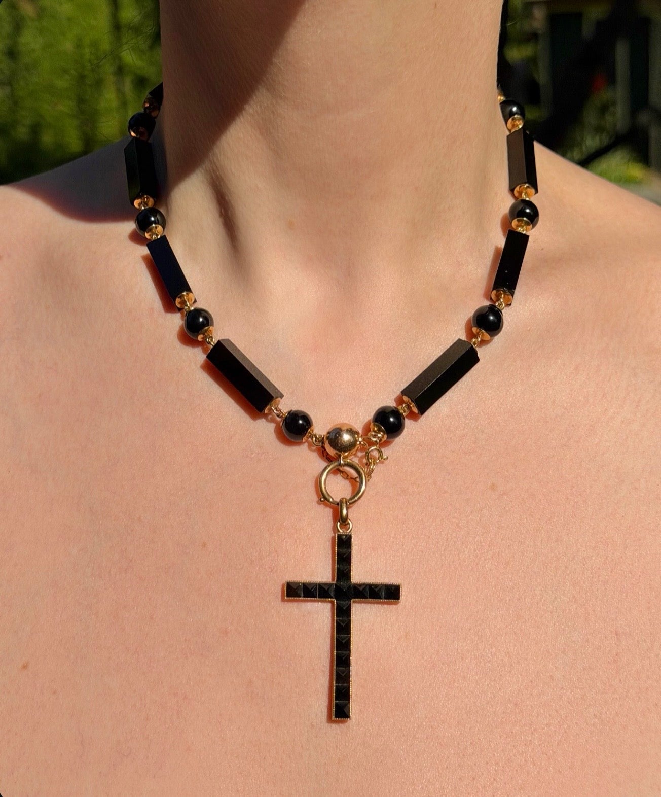 ANTIQUE • Victorian 14k Yellow Gold Onyx Mourning Necklace & Carved Locket Set w/ Pearls & Diamond