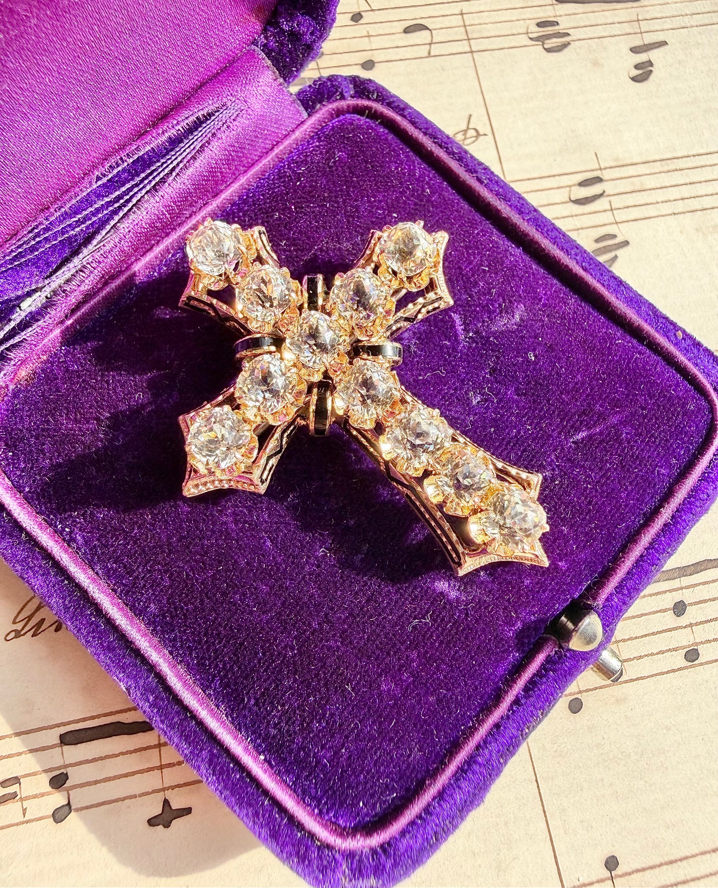 ANTIQUE • Victorian 10/14k Yellow Gold w/ Old Mine Cushion Cut Paste Diamonds & Enamel Cross Pendant Brooch